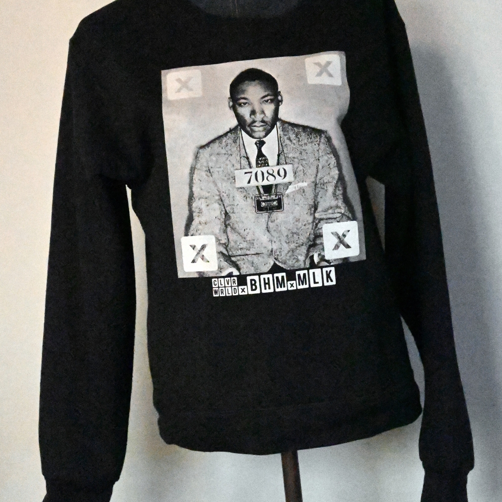 VINTAGE MARTIN LUTHER KING JR mugshot on a black sweatshirt